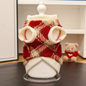 Close-up of red and white plaid sherpa fleece pet vest for small dogs and cats