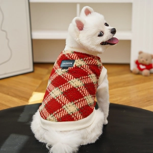 Warm red plaid fleece pet vest with leash ring and fashion label for small dogs