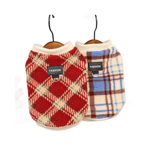 Plaid fleece pet vests with D-ring harness in red and blue for dogs and cats