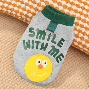 Detail of warm grey pet fleece vest with green Smile With Me print and metal D-ring attachment