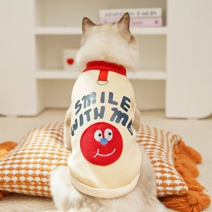 Detail of dog sweater with Smile With Me print and red ribbed collar on a cat