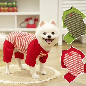 Close-up of striped pet pajamas with D-ring leash attachment for small dogs