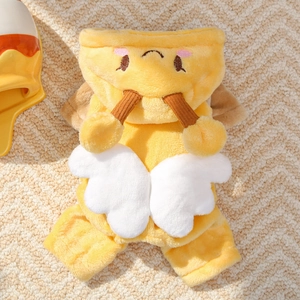 Detailed view of plush bee-themed dog onesie with soft wings and knit antennas