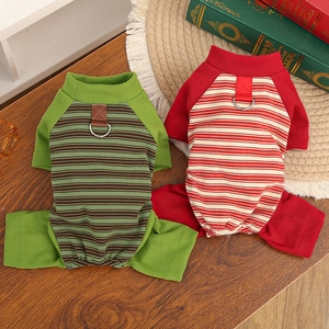 Detail of striped pet pajamas with integrated D-ring harness for small dogs and cats
