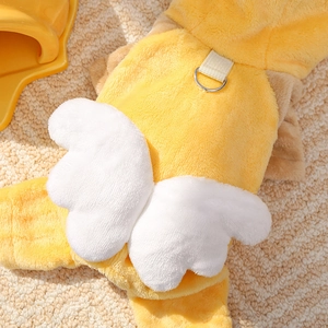 Detail view of yellow plush pet jumpsuit with white wings and durable metal D-ring