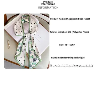 Close-up of a polka dot silk scarf with green leaf pattern and stitched edges 15x150cm
