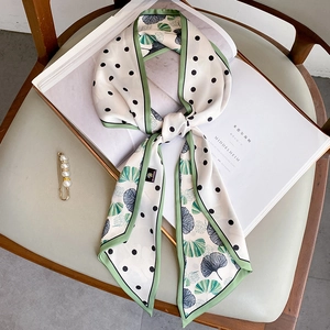 Polka Dot Ginkgo Leaf Print Slim Scarf Simulation Satin Double Sided Long Neck Tie Ribbon For Women Bag Decor