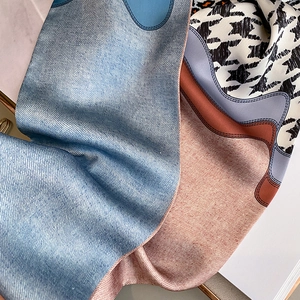 Fashionable narrow silk scarf featuring patchwork denim, houndstooth, and vibrant wavy prints
