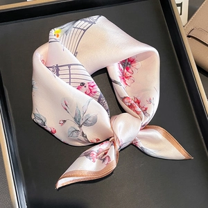 Elegant Women Mulberry Satin Square Scarf Floral Bird Birdcage Print Professional Neckerchief Vintage Fashion Accessory