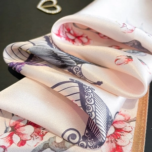 Elegant mulberry silk square scarf with vintage floral and bird print on a soft pink base