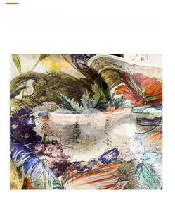 Detail of vintage oil painting style silk scarf with vibrant floral patterns and silky texture