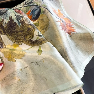 Floral print silk square scarf in grey and orange, soft lightweight sun protection shawl
