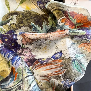 Retro floral print mulberry silk square scarf with elegant botanical illustration motifs
