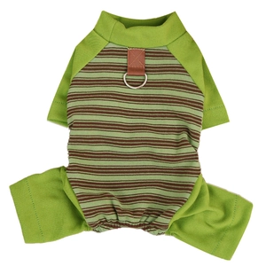 Striped green cotton pet pajamas with metal D-ring for small dogs and cats