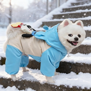 Waterproof winter pet jumpsuit with 3D panda decor on a dog in a snowy setting