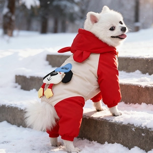 Close-up of winter dog coat with cartoon puppy patch on snowy stairs background