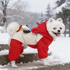 Close-up of waterproof dog snowsuit with hood and 3D character detail in winter scene