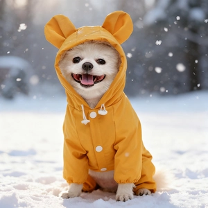 Close-up of waterproof yellow dog winter suit with cute bear ears on the hood