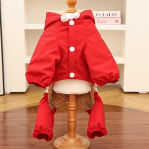 Detail of red waterproof dog winter coat featuring warm thick lamb wool lining and snap buttons