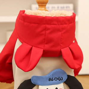Detail of dog winter jacket showing thick fleece lining and cute ear hood design