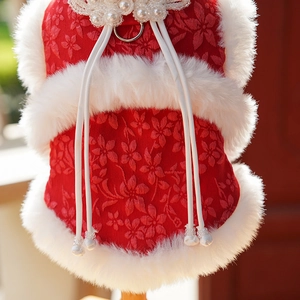 Détail du costume Tang pour animal en jacquard rouge avec col perlé et peluche