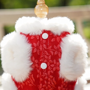Détail d'un vêtement de fête pour animal rouge avec texture fleurie et fausse fourrure