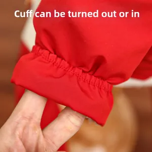 Detail of adjustable elastic cuffs on red waterproof winter pet suit with fold-over design
