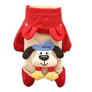 Winter waterproof fleece-lined dog jumpsuit in red and beige with hood and cartoon patch