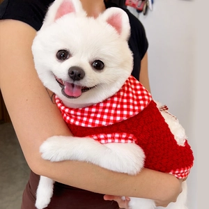 Plush red pet vest with checkered collar and bow for dogs and cats in winter