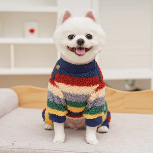 Détail d'une combinaison rayée arc-en-ciel en polaire pour petit chien en hiver
