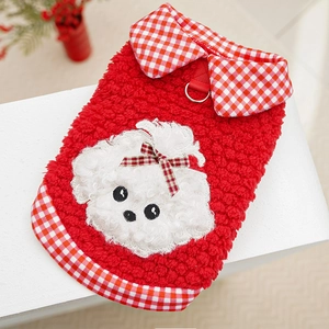 Detail of red fleece pet vest with poodle embroidery and metal D-ring for leash attachment