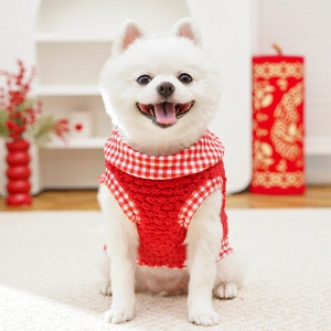 Detail of red fleece pet vest featuring classic red and white gingham trim for small dogs
