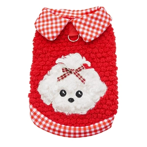 Red plush dog sweatshirt with plaid collar and cute puppy patch for New Year