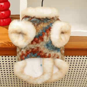 Gilet in pile per animali con motivo Fair Isle e bordo in pelliccia sintetica calda