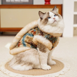Dettaglio del gilet in peluche per gatti con motivo Fair Isle e lunghe orecchie da coniglio