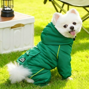 Waterproof green dog rain jacket with hood and reflective strips for outdoor safety