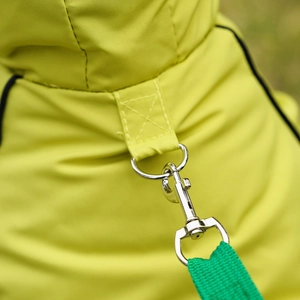 Detail of waterproof dog jacket with reinforced stitching and metal D-ring attachment