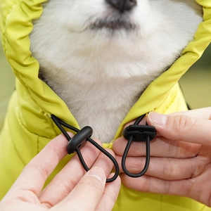 Close-up of waterproof pet jacket hood with adjustable black drawstring and toggle