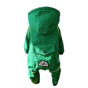 Waterproof green dog jumpsuit with yellow trim and warm fleece lining for outdoors
