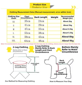 Detailed pet hoodie size chart showing chest and back measurements for dogs and cats