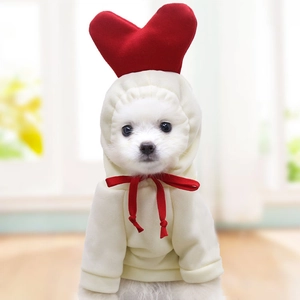 Cute Pet Dog Hoodie Sweatshirt With Red Heart 3D Decoration Warm Fleece Lined Casual Puppy Cat Clothes For Autumn Winter