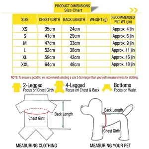 Detailed size chart for pet hoodies with measurements for chest and back length