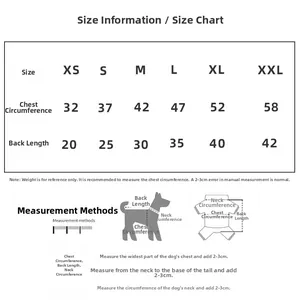 Detailed size chart for pet vest from XS to XXL with chest and back length measurements