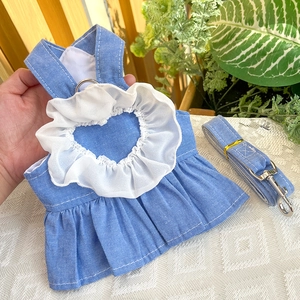 Blue denim pet princess dress with white lace heart pattern and matching leash set