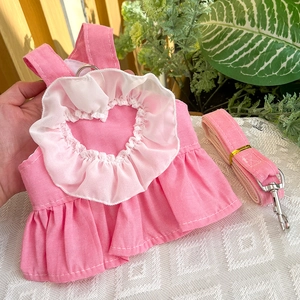 Pink dog harness dress with heart lace ruffles and matching leash for small pets