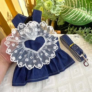 Denim pet princess dress with heart lace collar and matching leash for dogs and cats