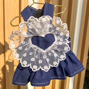 Close-up of denim pet dress with white lace heart collar and polka dot embroidery