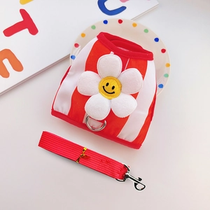 Breathable red striped pet harness and leash set with a cute smiley flower design
