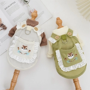 Detailansicht eines Haustierkleides mit Waffelstoff, Eichhörnchen-Stickerei und Spitze