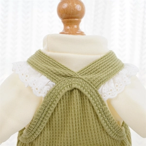 Detail von Haustierbekleidung mit grüner Waffelhose und Spitzen-Schultergurten am Modell